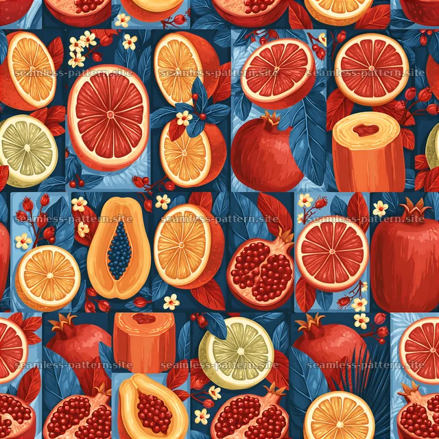 Colorful Patchwork Citrus and Pomegranate Fruit Pattern — seamless tileable pattern