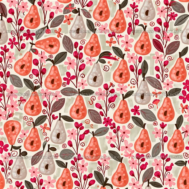 Colorful Watercolor Pear and Floral Seamless Pattern — seamless tileable pattern