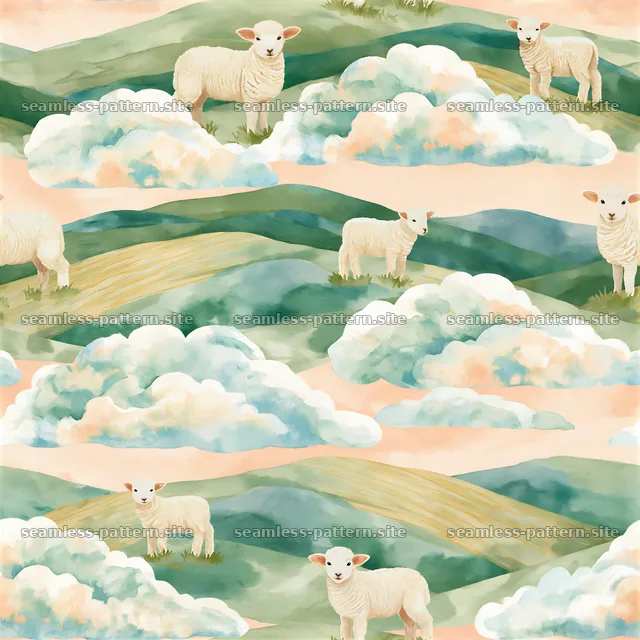 Seamless pattern of lambs, clouds and soft watercolor landscapes — seamless tileable pattern