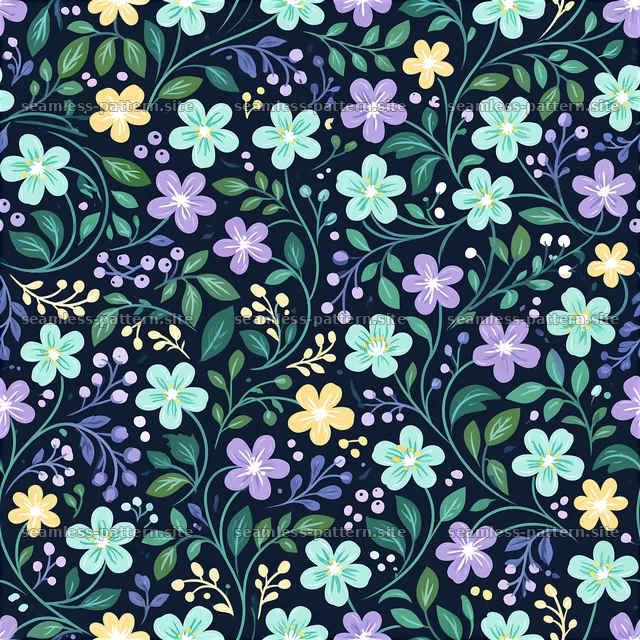 Cute floral doodles seamless pattern with colorful flowers on dark — seamless tileable pattern