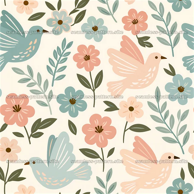 Seamless pastel dove and floral repeat pattern — seamless tileable pattern