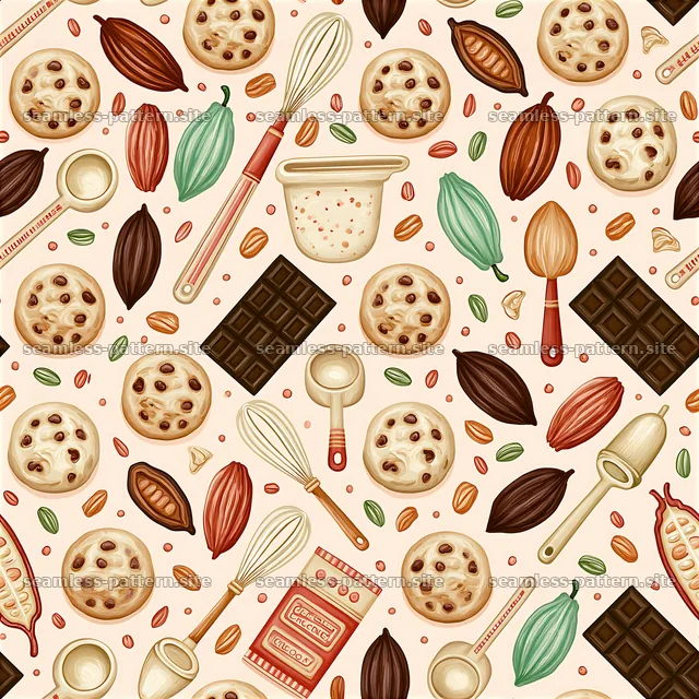 Colorful Baking Tools and Chocolate Cookie Seamless Pattern — seamless tileable pattern
