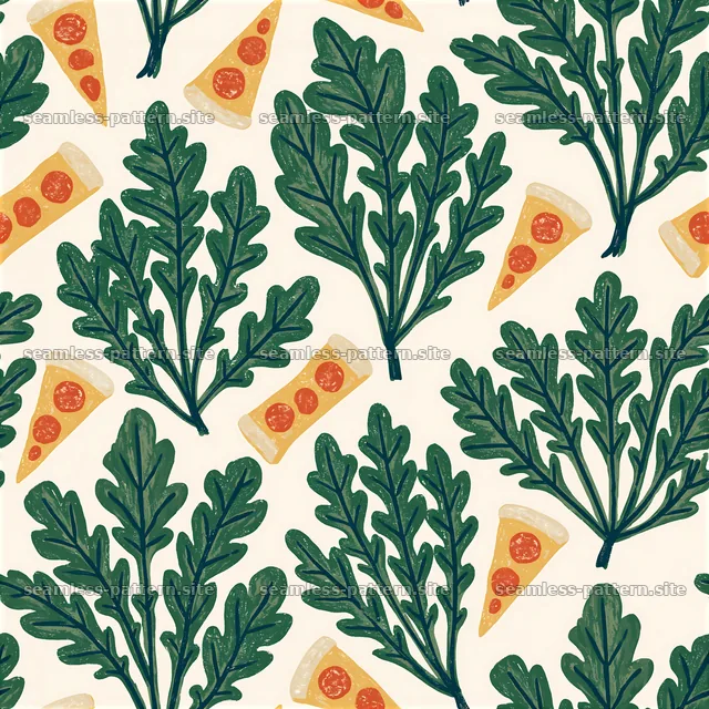 Seamless arugula pizza pattern with green leaves and pizza slices — seamless tileable pattern