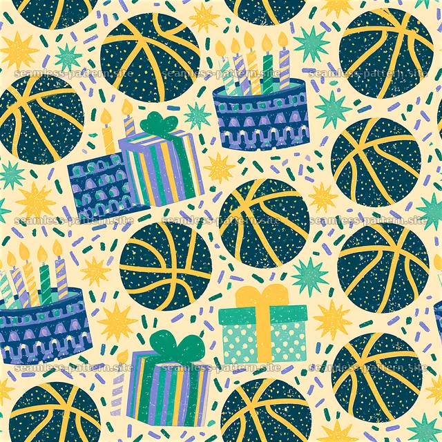Birthday Basketballs and Gifts Seamless Pattern — seamless tileable pattern