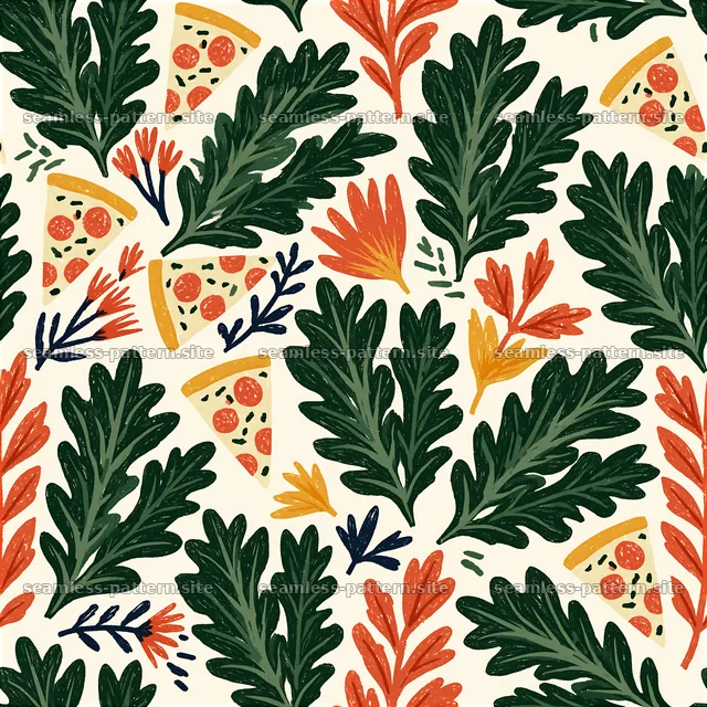 Seamless arugula pizza pattern with colorful leaves and pizza slices — seamless tileable pattern