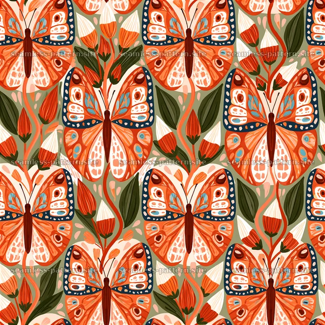 Colorful butterfly seamless pattern with floral motifs in warm colors — seamless tileable pattern