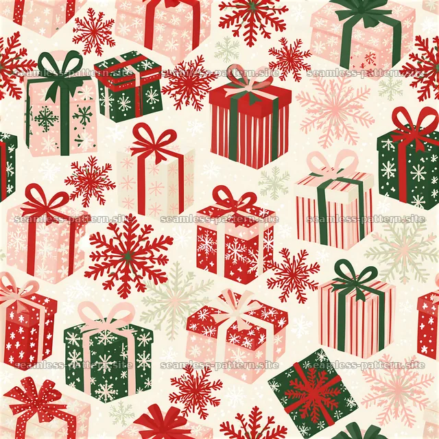 Seamless pattern of winter holiday presents and snowflakes — seamless tileable pattern