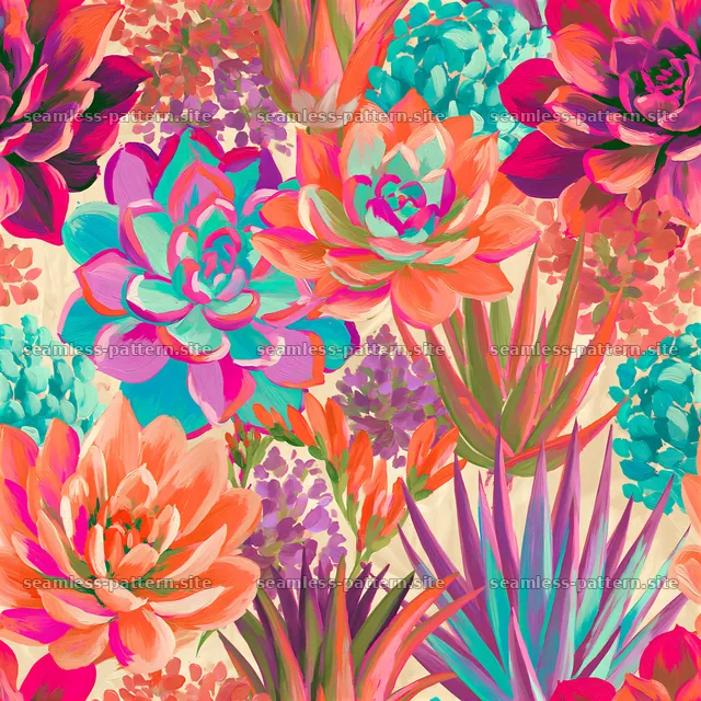 Colorful Succulent and Floral Seamless Pattern — seamless tileable pattern