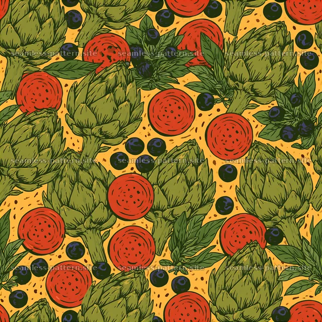 Seamless artichoke pizza pattern with tomatoes, herbs, and olives — seamless tileable pattern