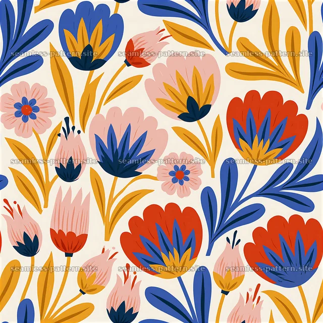 Dense flower seamless pattern with bright colors and varied shapes — seamless tileable pattern