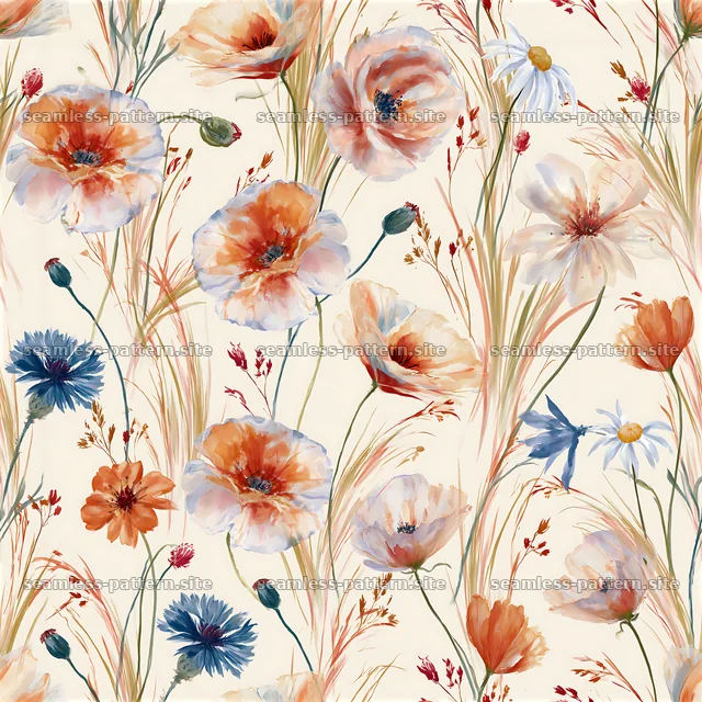Colorful wildflower seamless pattern with diverse floral motifs — seamless tileable pattern