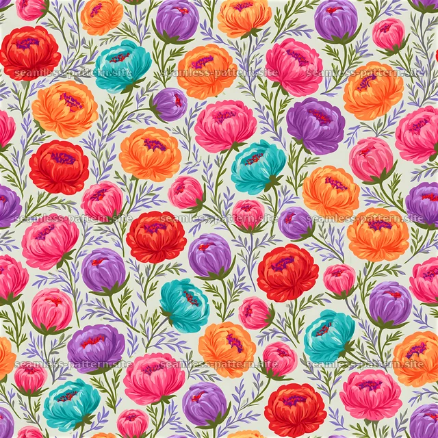 Colorful floral seamless pattern featuring various peony flowers — seamless tileable pattern