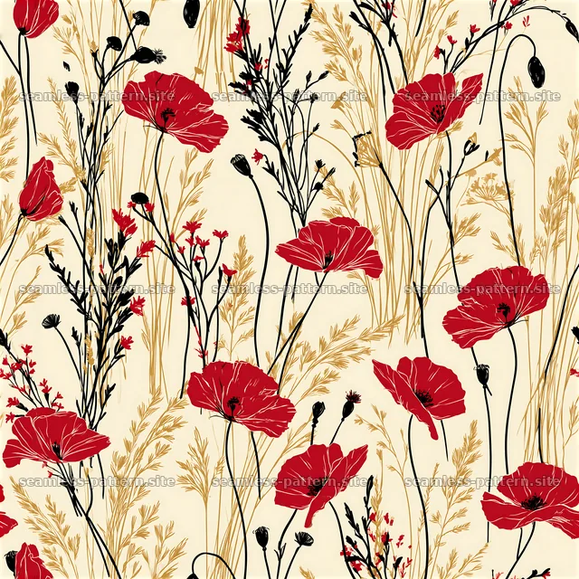 Vibrant red and black wildflower seamless pattern — seamless tileable pattern