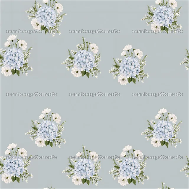 Flower bouquet repeat pattern with blue flowers and white blooms — seamless tileable pattern