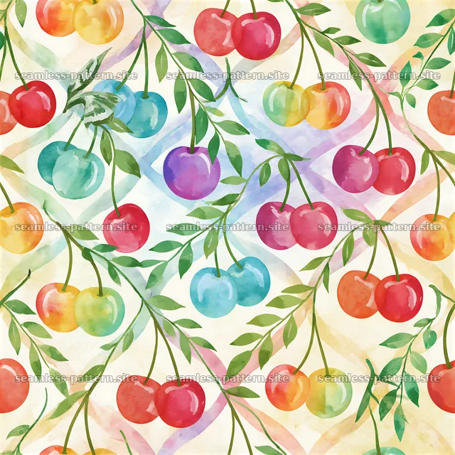 Rainbow cherries seamless pattern with colorful fruit and leaves — seamless tileable pattern