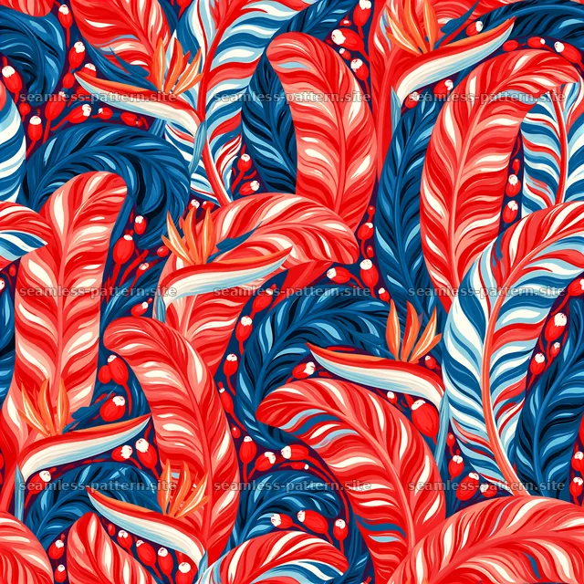 Colorful leaf seamless pattern with bold red and blue hues — seamless tileable pattern