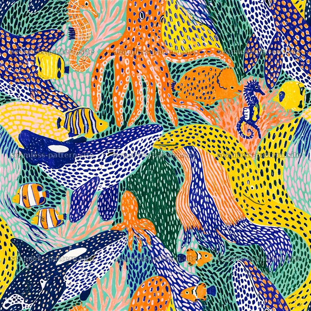 Colorful aquatic animal seamless pattern with various marine life — seamless tileable pattern