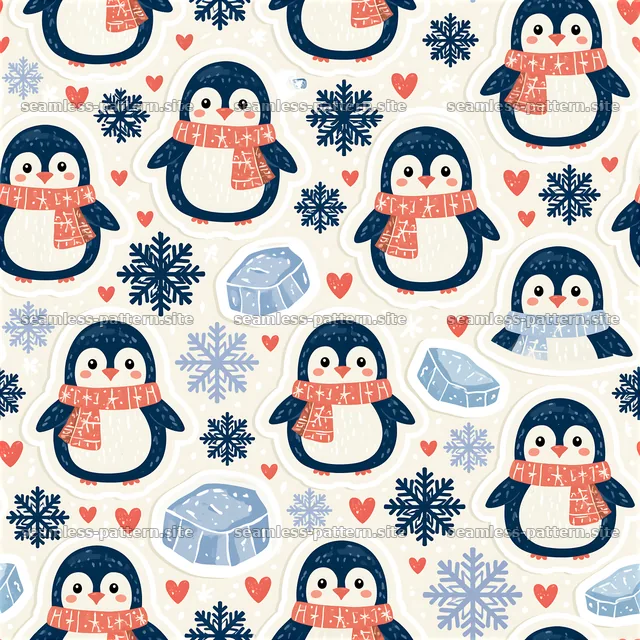 Cute charming sticker-style seamless pattern with penguins and snowflakes — seamless tileable pattern