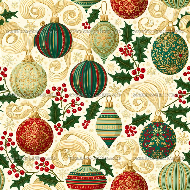 Vintage Christmas Ornament and Holly Seamless Pattern — seamless tileable pattern