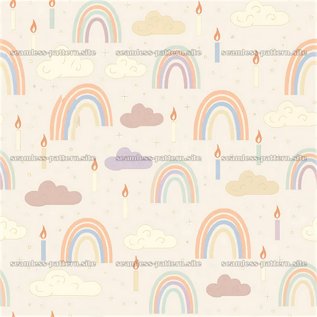 Birthday rainbow pastel seamless pattern with clouds and candles — seamless tileable pattern