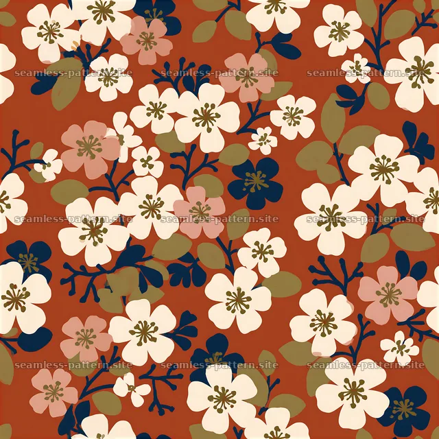 Cherry blossom repeat pattern on a warm background with leaves — seamless tileable pattern