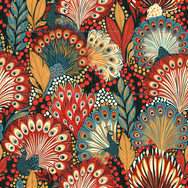 Colorful peacock feather and leaf seamless pattern design — seamless tileable pattern