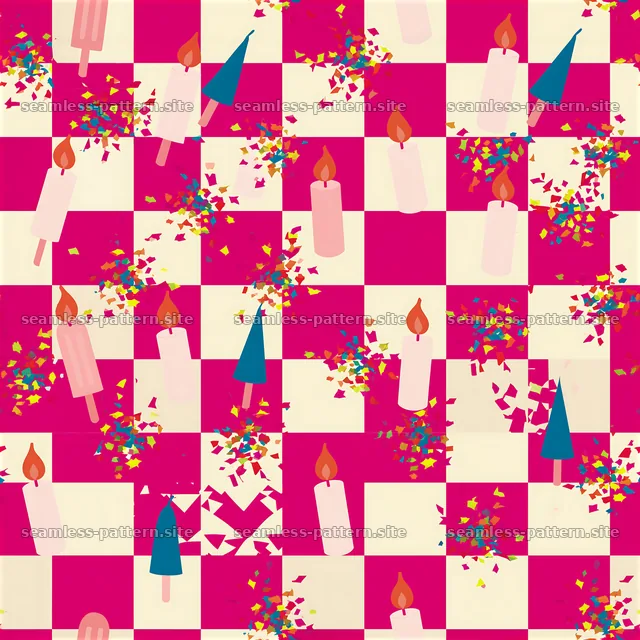 Birthday Checkerboard Pattern with Candles and Confetti — seamless tileable pattern