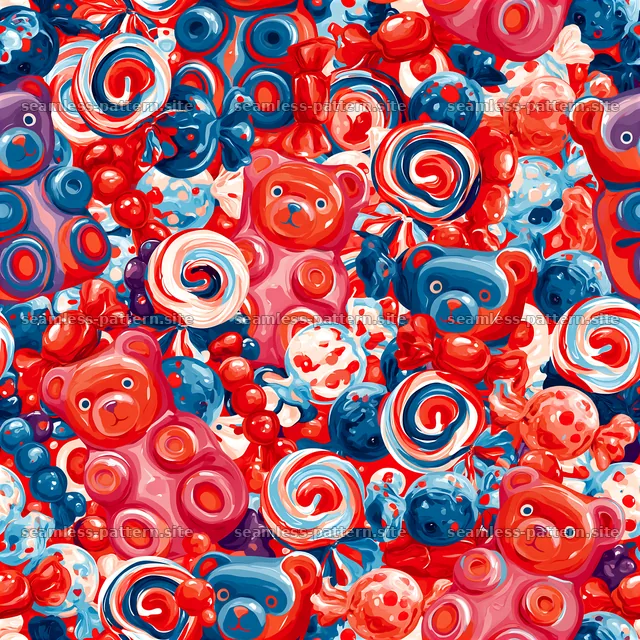 Bright candy patterns with swirls and teddy bear designs — seamless tileable pattern