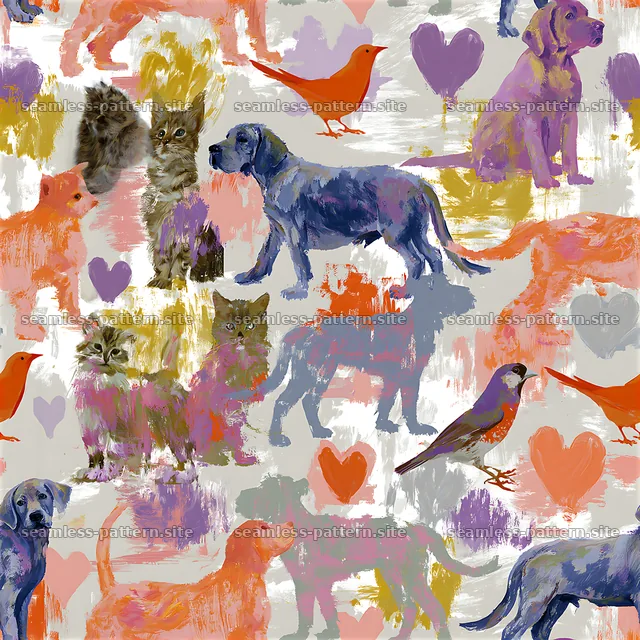 Colorful Animal Seamless Pattern with Dogs, Cats and Birds — seamless tileable pattern
