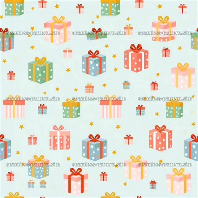 Pattern with cute gift packages on a light blue background — seamless tileable pattern