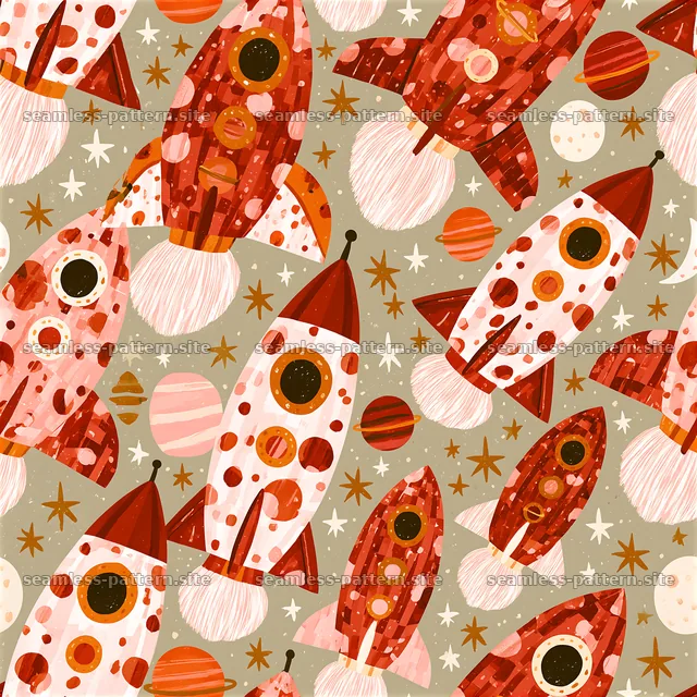 Fun pattern of rockets among planets and stars in simple style — seamless tileable pattern