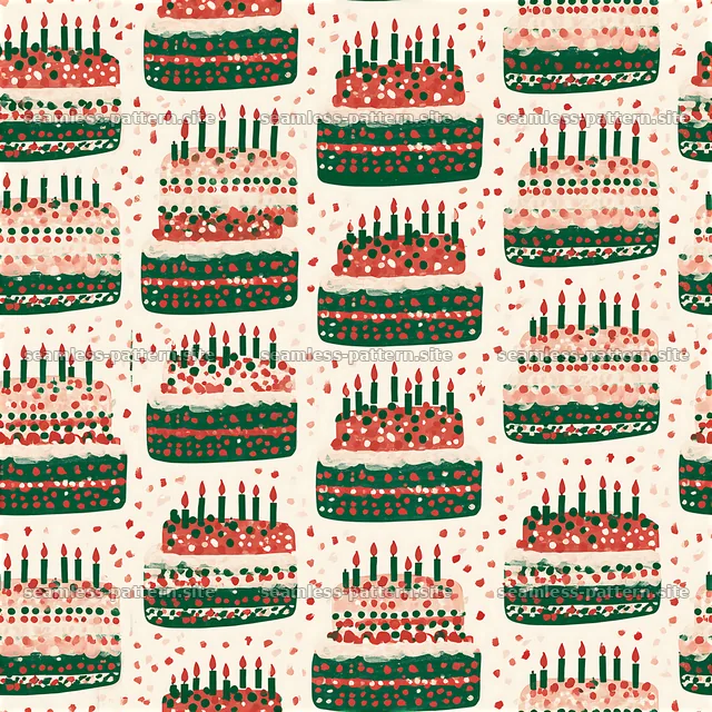 Colorful birthday cake pattern with candles and decorations — seamless tileable pattern
