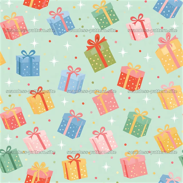 Repeating pattern with cheerful gift boxes against a light background — seamless tileable pattern
