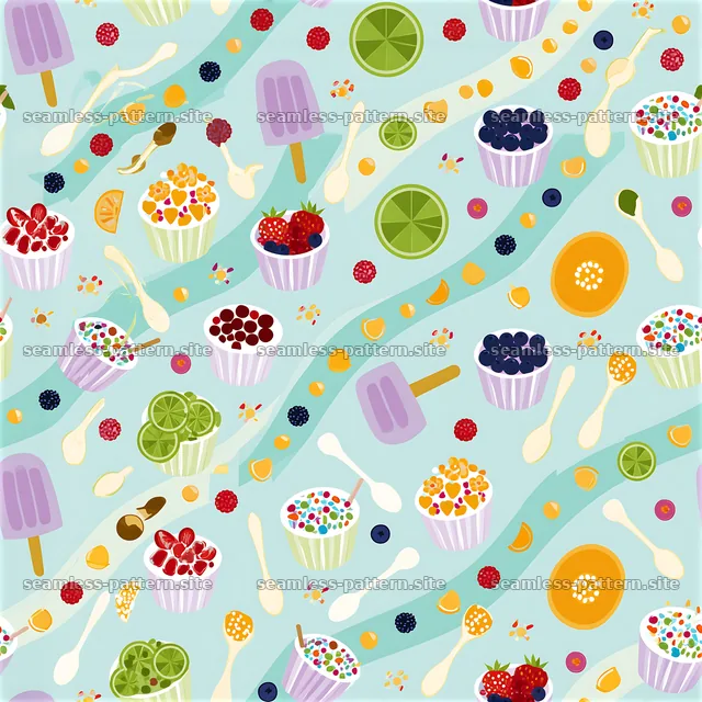 Colorful ice cream pattern with fruits and toppings on blue background — seamless tileable pattern
