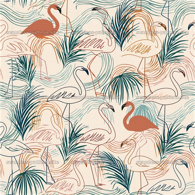 Colorful Flamingo Seamless Pattern with Tropical Leaves — seamless tileable pattern