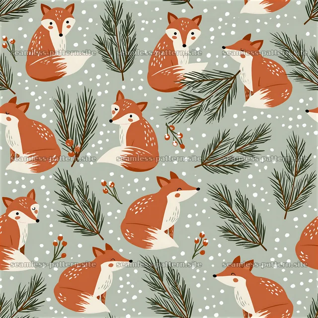 Seamless Nordic Christmas pattern with foxes and pine branches — seamless tileable pattern