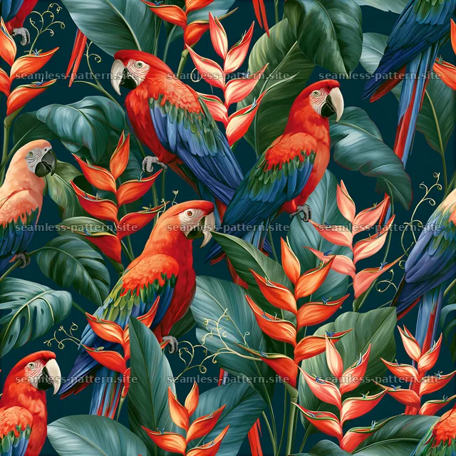 Colorful parrots and tropical leaves create a vibrant seamless pattern — seamless tileable pattern