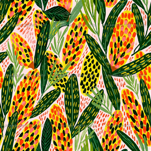 Vibrant seamless pattern featuring pinecone and foliage elements — seamless tileable pattern