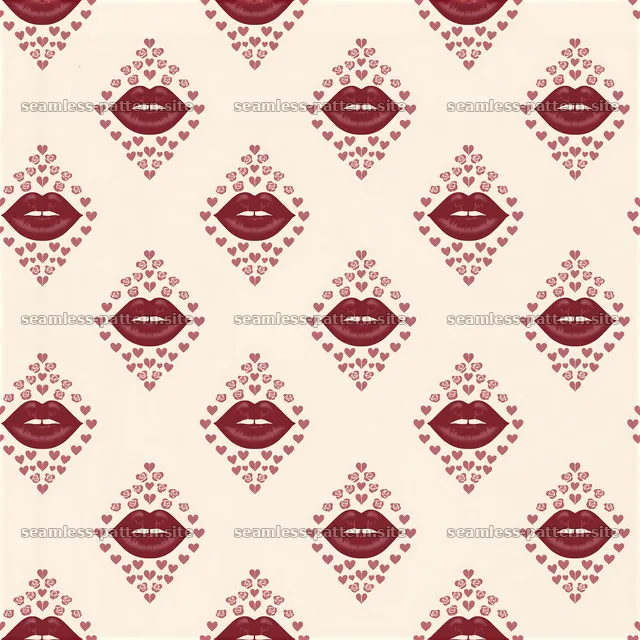 Seamless pattern with burgundy lips and rose hearts across a light background — seamless tileable pattern