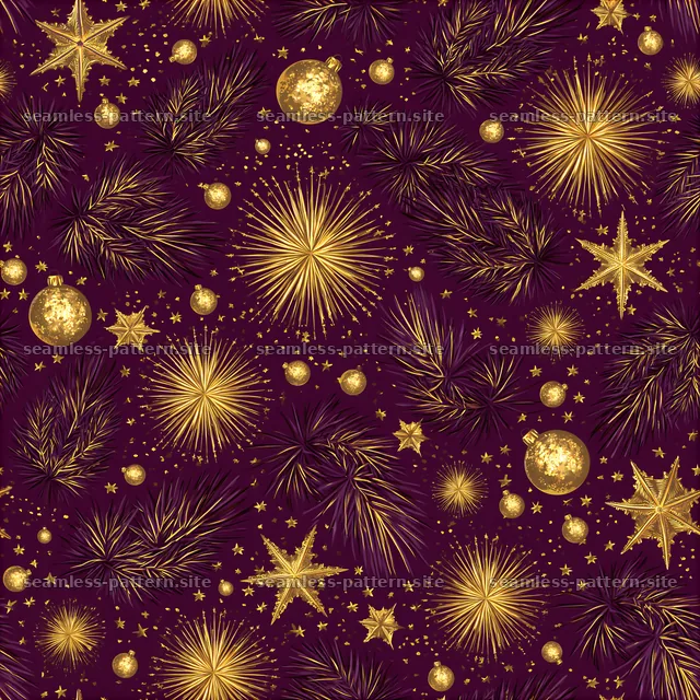 Seamless gold Christmas fireworks and ornaments pattern — seamless tileable pattern