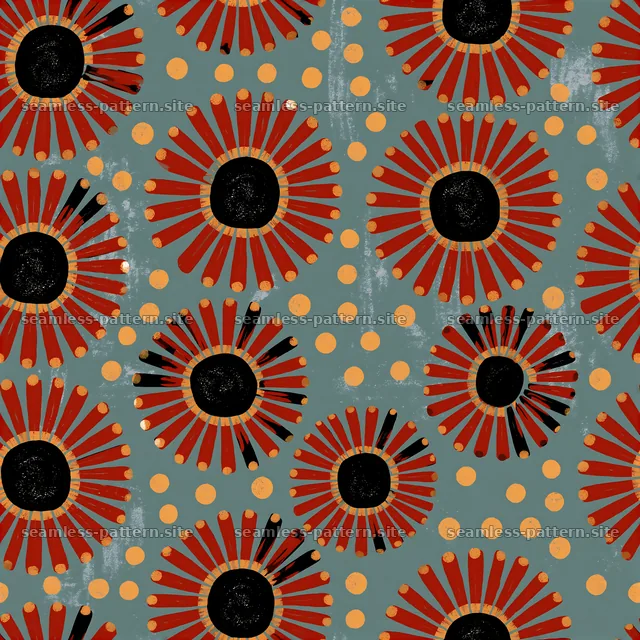 Repeating sun motif pattern in black, red, and gold colors — seamless tileable pattern