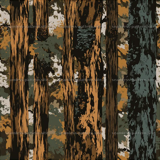 Woodland camouflage seamless pattern with tree bark and foliage — seamless tileable pattern