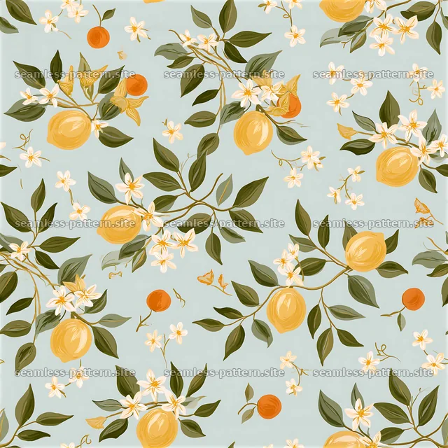 Colorful citrus seamless pattern with flowers and leaves layout — seamless tileable pattern