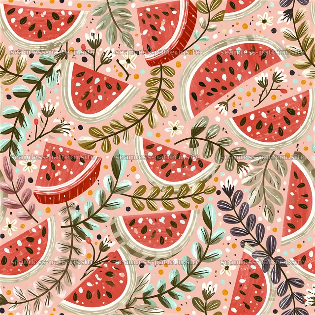 Colorful Watermelon and Botanical Gouache Pattern — seamless tileable pattern