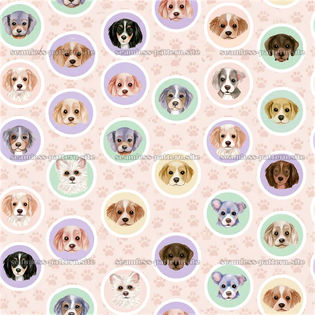 Repeating pattern of dog heads in circles in multiple colors — seamless tileable pattern
