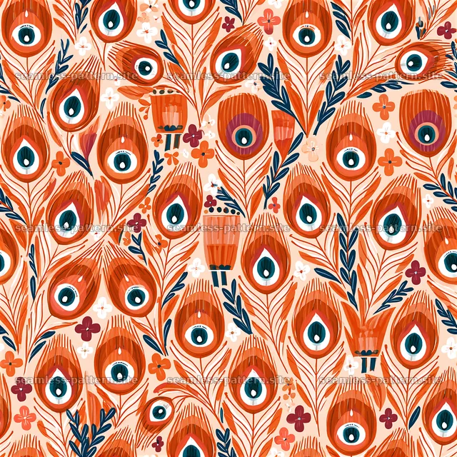 Colorful peacock feather and floral seamless pattern — seamless tileable pattern