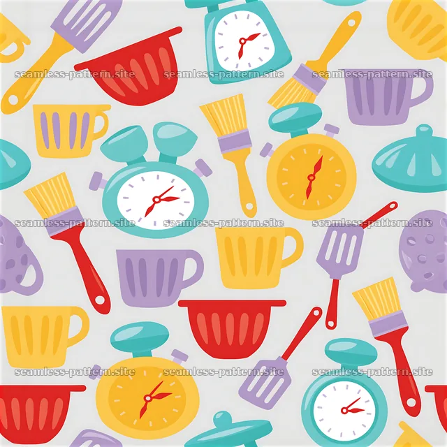 Colorful kitchen tools seamless pattern with utensils and gadgets — seamless tileable pattern