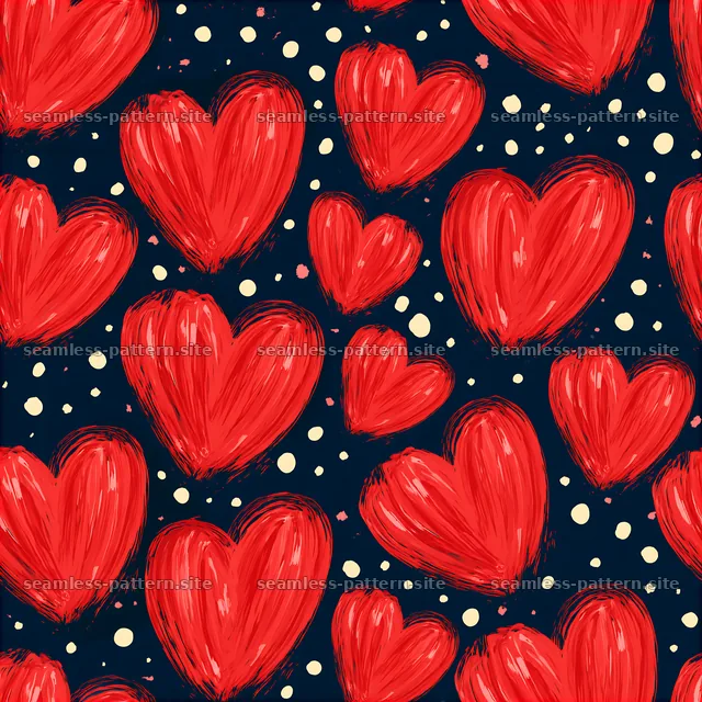 Hand drawn hearts on dark background with light dots — seamless tileable pattern