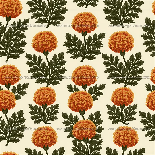 Marigold repeat pattern with vibrant flowers and green leaves — seamless tileable pattern