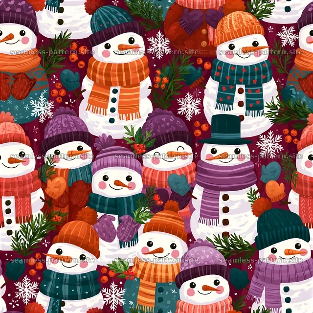 Repeating snowman pattern with winter accessories in vibrant colors — seamless tileable pattern